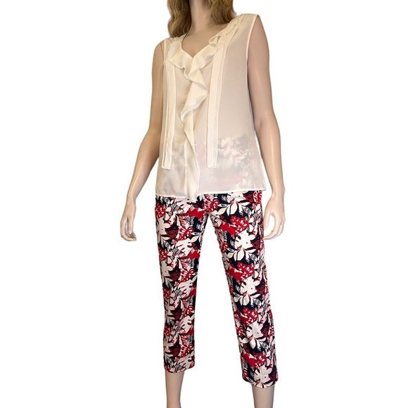 Reitmans Capri Pants Cotton Floral Colourful Bold Print Pockets Red Navy Cropped - Picture 6 of 8